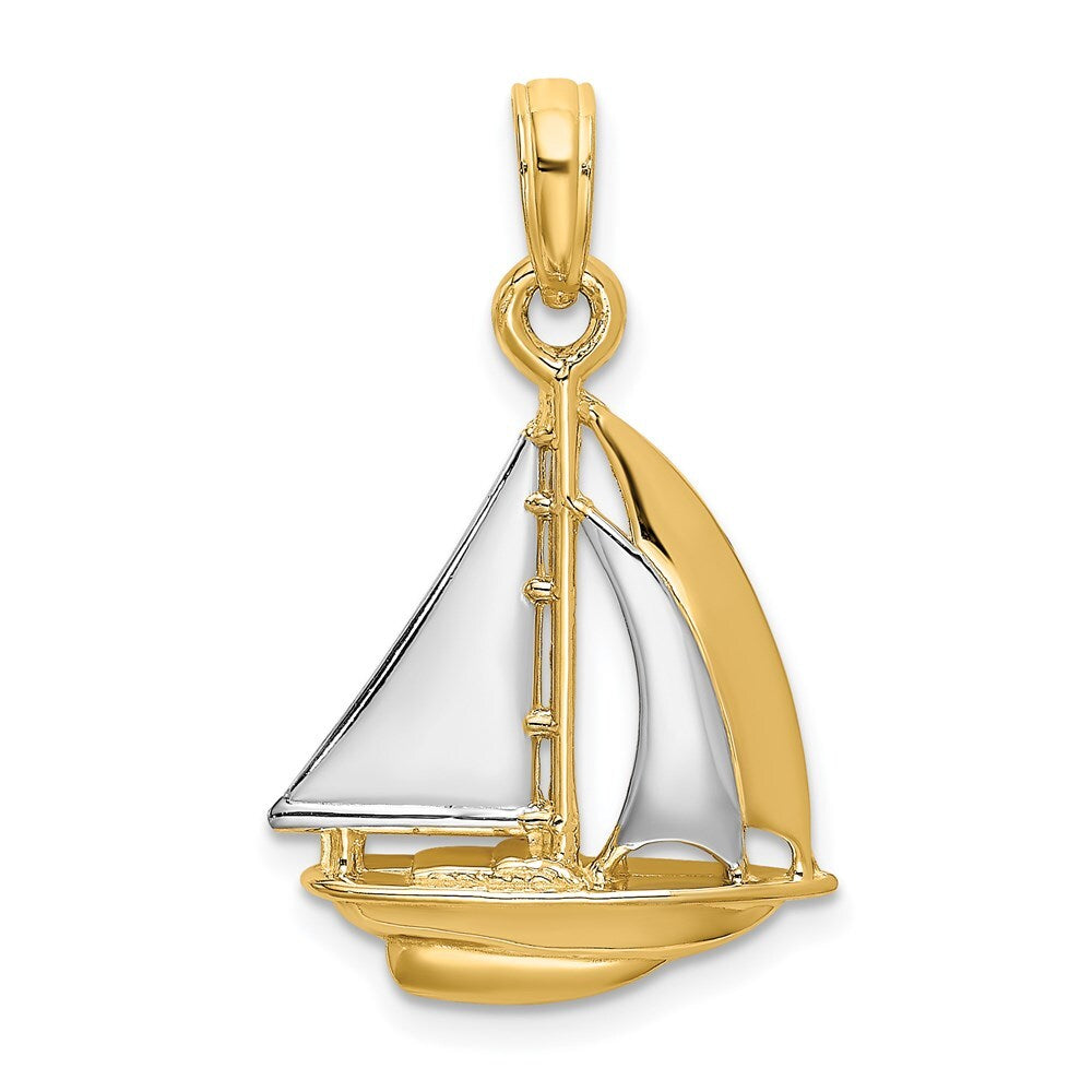 14k Yellow Gold  Rhodium 3-D Polished Sailboat Charm Pendant for Women