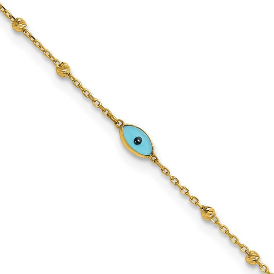 14k Yellow Gold Diamond-cut Bead Stations Blue Glass Evil Eye 10" Anklet