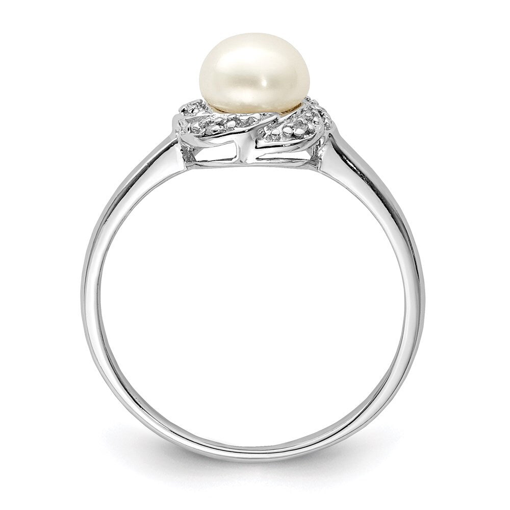 Sterling Silver Rhodium 6mm FW Cultured Button Pearl & Diamond Ring Size 8