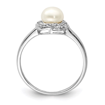 Sterling Silver Rhodium 6mm FW Cultured Button Pearl & Diamond Ring Size 8