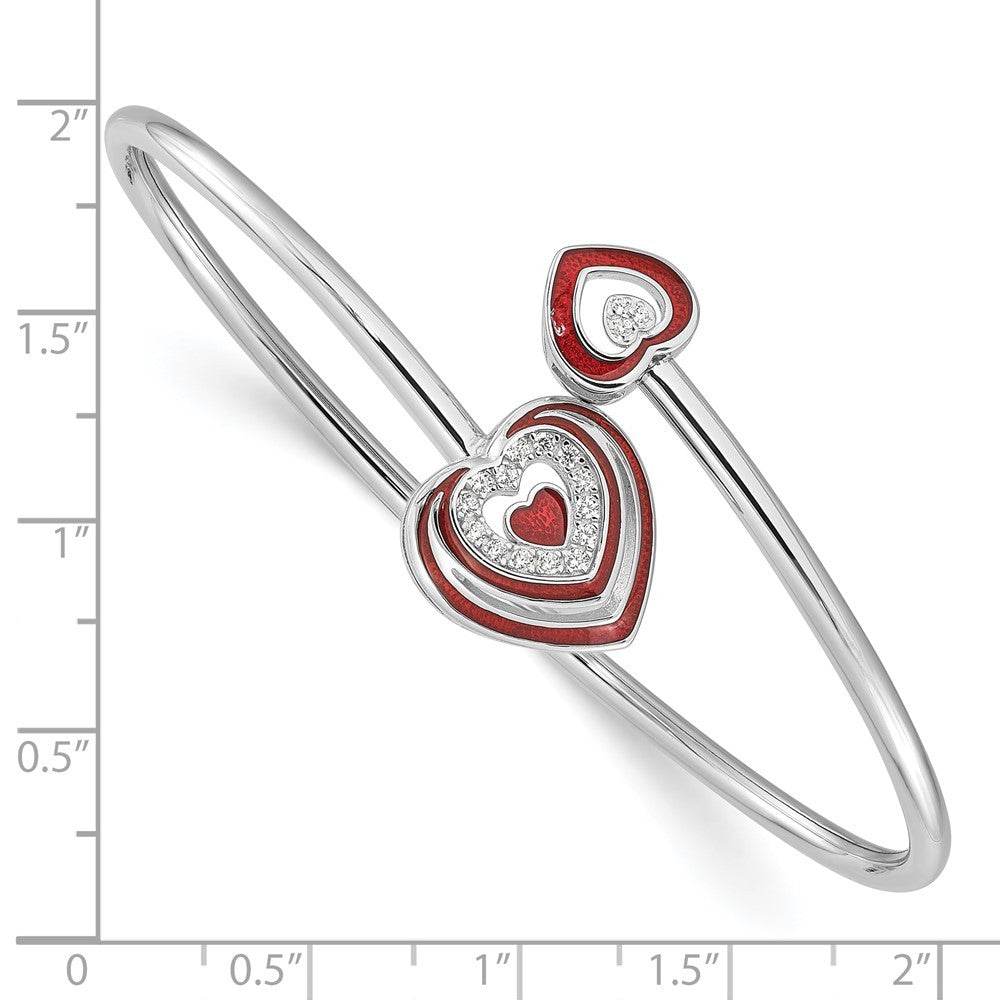 Sterling Silver Rh-plated CZ Red Enamel Heart Flexible Cuff Bangle Bracelet