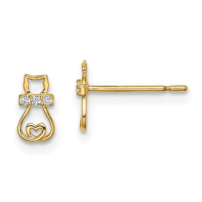 14k Yellow Gold CZ Cat with Heart Tail Earrings
