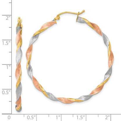 14k Yellow Gold White & Rose Rhodium Satin Twisted Hoop Earrings