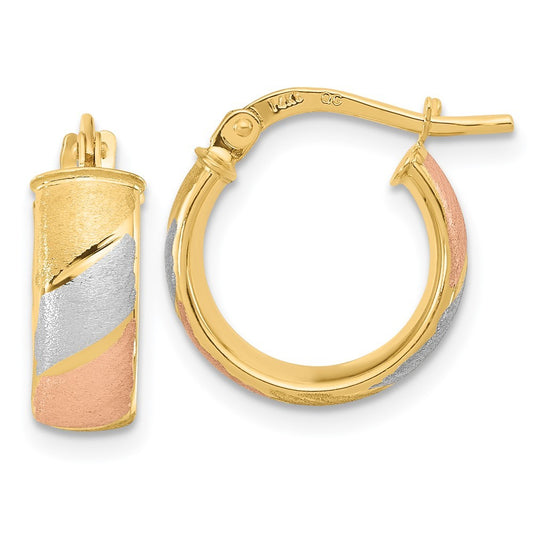 14k Yellow Gold w/White and Rose Rhodium Polished Satin Hoop Earrings