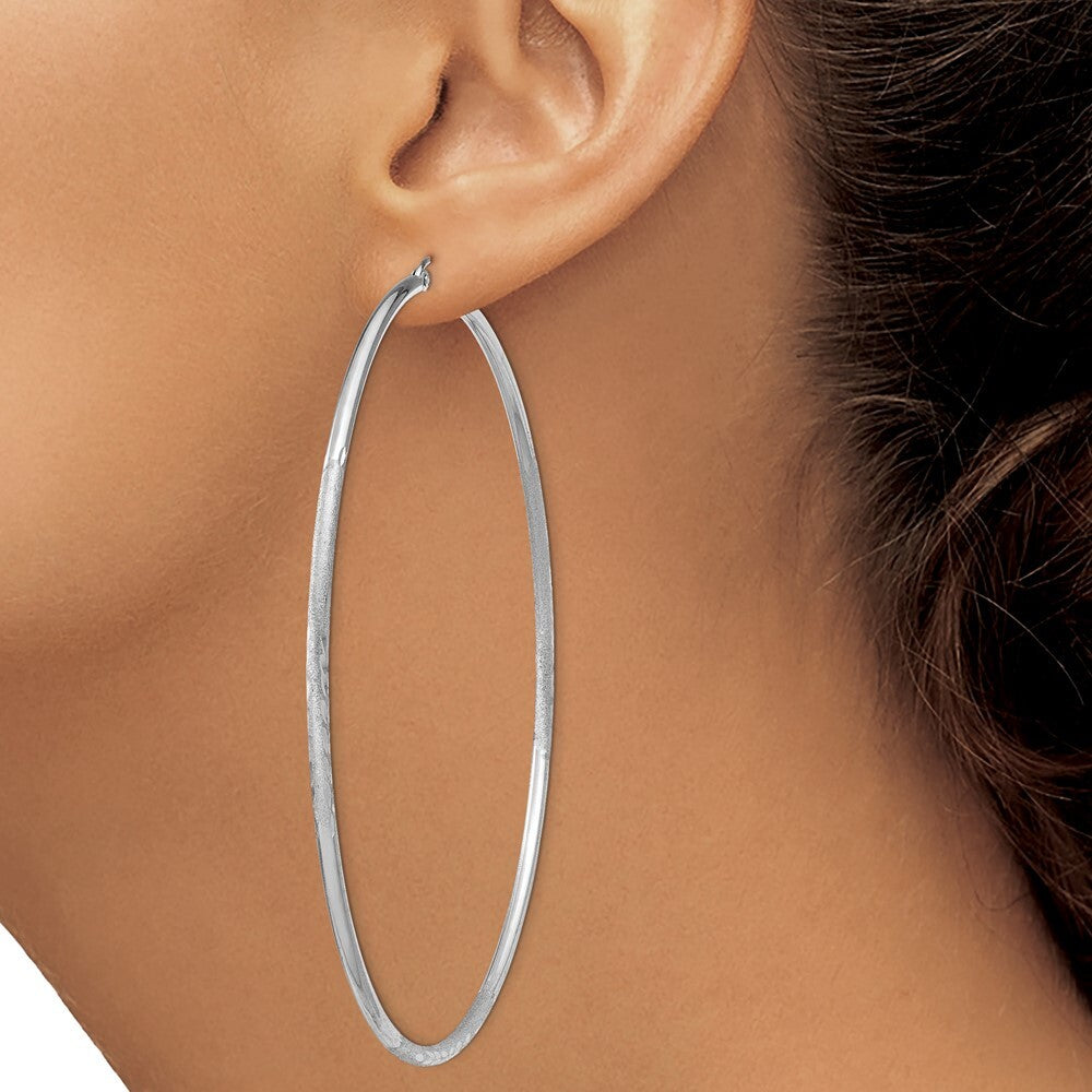 Sterling Silver Rhodium-plated 2mm Polished/Satin Diamond-cut Hoop Earrings