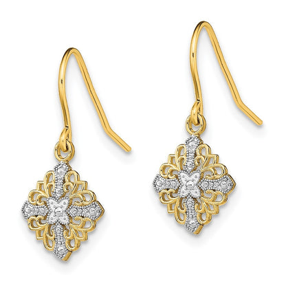 14k Yellow Gold w/Rhodium Fancy Filigree Dangle Wire Earrings