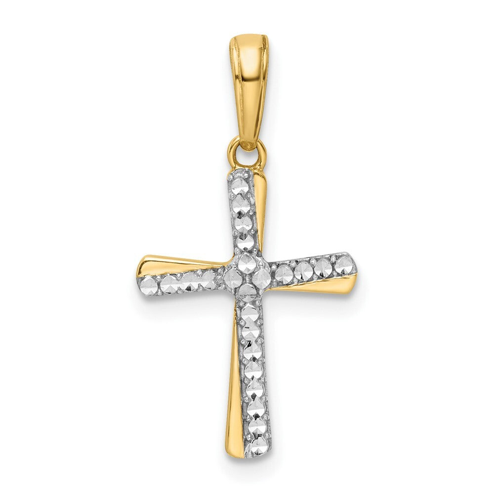 14k Yellow Gold Rhodium Diamond-Cut Cross Pendant for Women