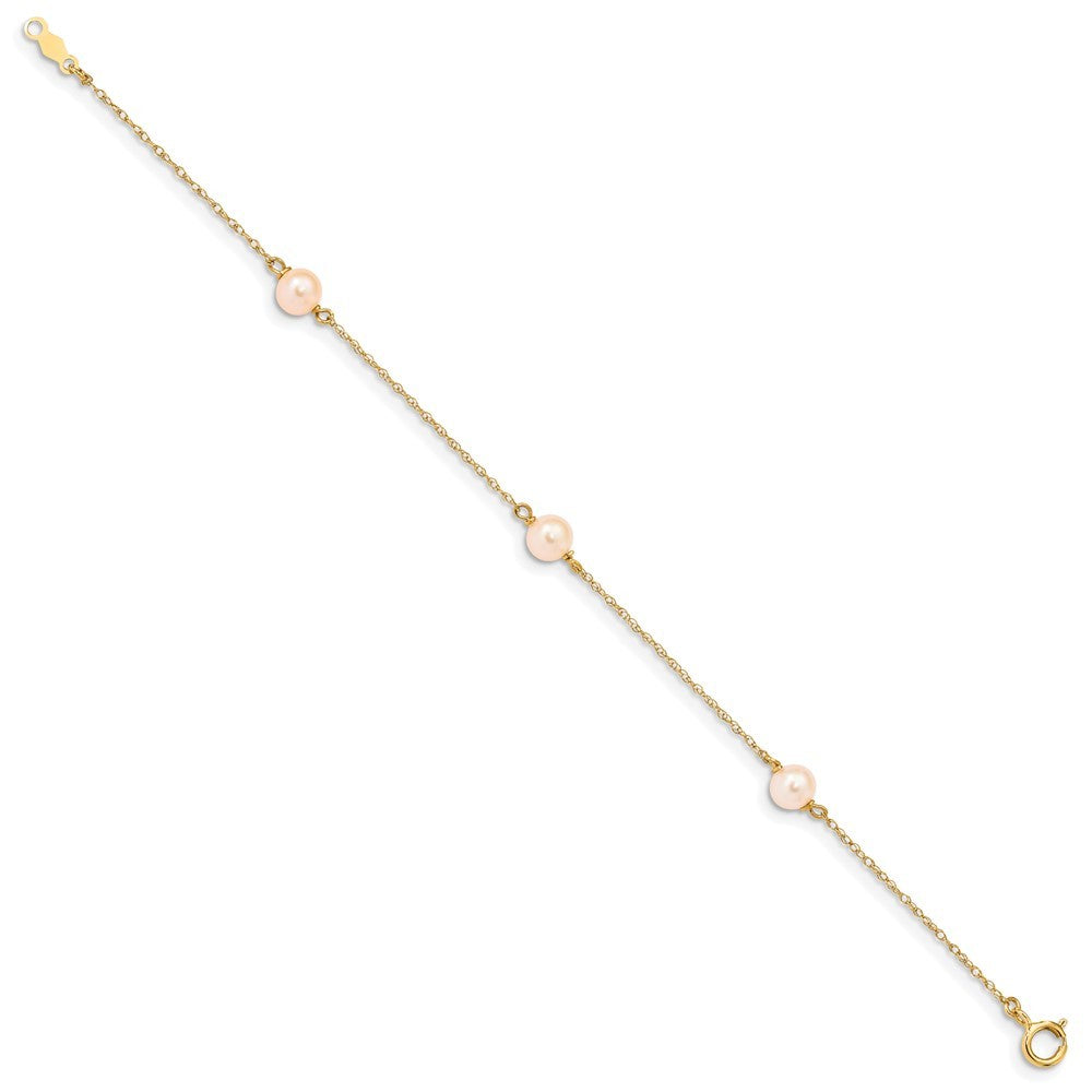 14k Yellow Gold 5-6mm Pink Freshwater Cultured Pearl 3-Station 6" Bracelet
