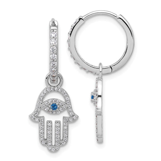Sterling Silver Blue/White Cubic Zirconia Evil Eye Hamsa Dangle Hoop Earrings