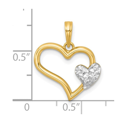 14k Yellow Gold White Rhodium Polished Heart Shape With Mini Heart Charm Pendant