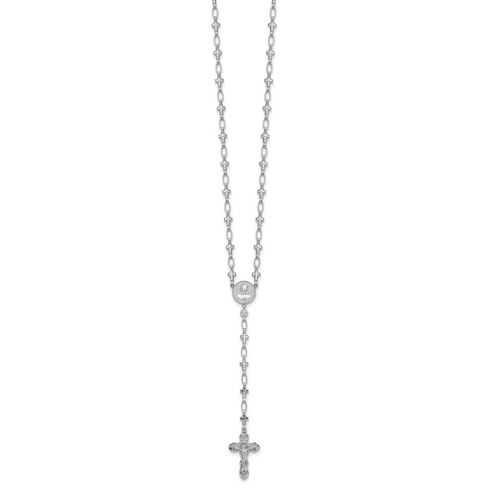Sterling Silver Polished Cubic Zirconia Diamond-cut Cross Rosary Necklace 30.5"