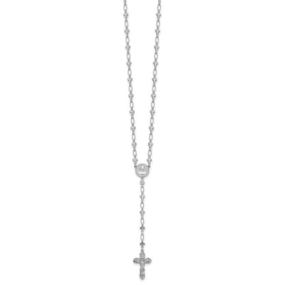 Sterling Silver Polished Cubic Zirconia Diamond-cut Cross Rosary Necklace 30.5"