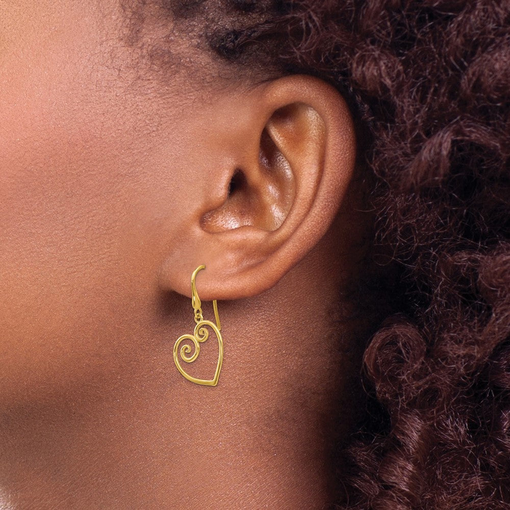 14k Yellow Gold Heart Drop Dangle Earrings w/ Shepherd Hook