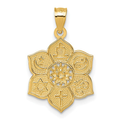 14k Yellow Gold Polished And Textured Multi-faith Symbol Flower Pendant