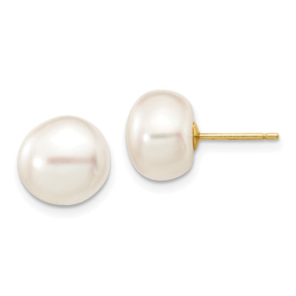 14k Yellow Gold 9-10mm White Button Freshwater Cultured Pearl Stud Earrings