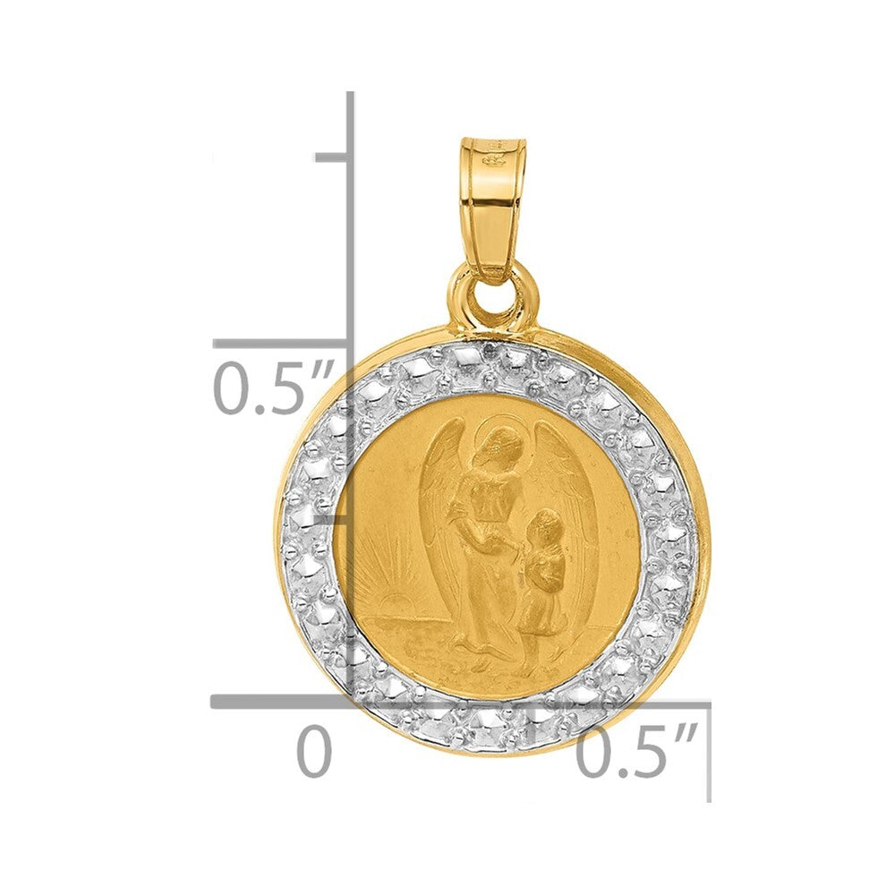 14k Yellow Gold and White Rhodium Hollow Our Guardian Angel Medal Pendant