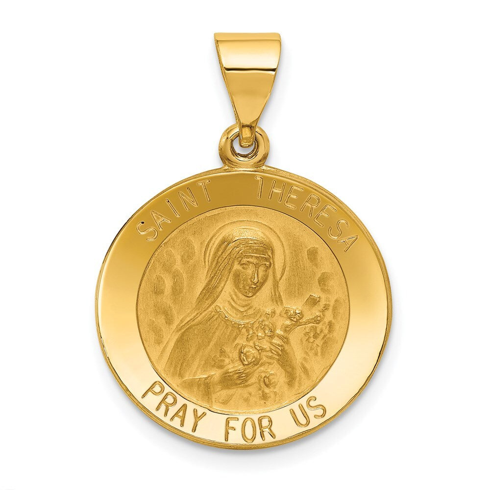 14k Yellow Gold Polished and Satin St Theresa Medal Hollow Pendant for Women