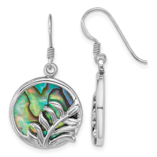 Sterling Silver Polished Round Abalone with Leaves Dangle Shepherd Hook Earrings