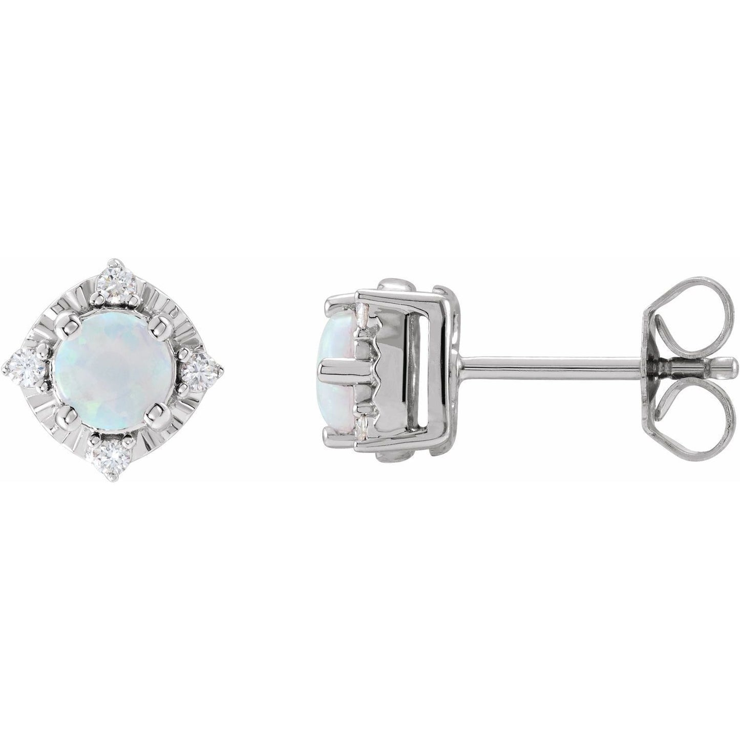 Sterling Silver Lab-Grown White Opal and .08Ct Diamond Halo-Style Stud Earrings