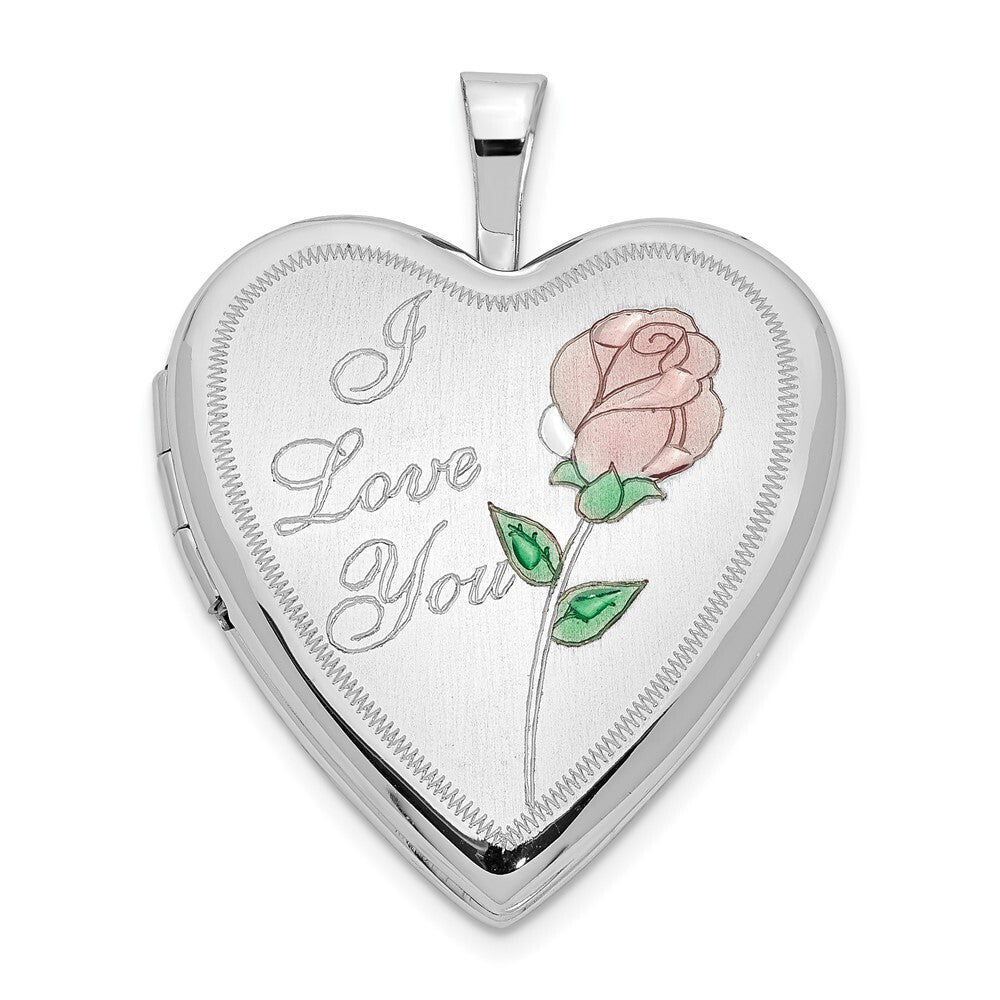 14k White Gold 20mm Enamel Rose I LOVE YOU Heart Locket Pendant for Women