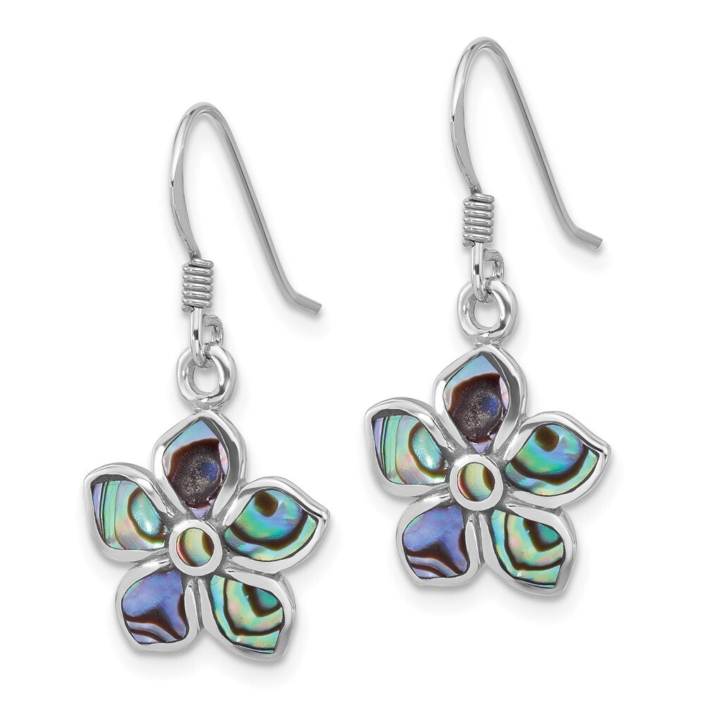 Sterling Silver Rhodium-Plated Polished Abalone Flower Dangle Earrings