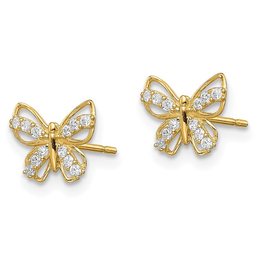 14k Yellow Gold Butterfly Cubic Zirconia Stud Earrings Gift for Women