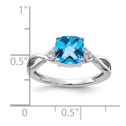 14K White Gold Checkerboard Blue Topaz and Diamond Ring Size 6