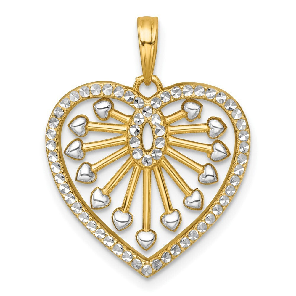 14k Yellow Gold with White Rhodium Polished Fancy Heart Charm Pendant for Women