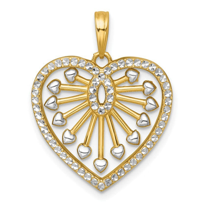 14k Yellow Gold with White Rhodium Polished Fancy Heart Charm Pendant for Women