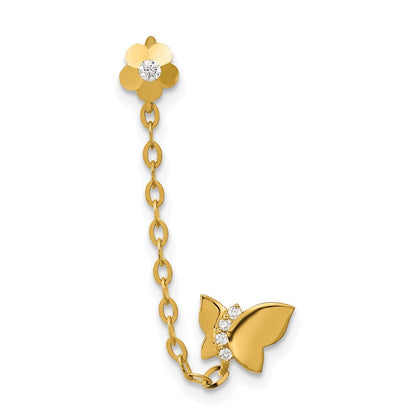 14k Yellow Gold CZ Double w/Chain Butterfly & Flower Single Earring