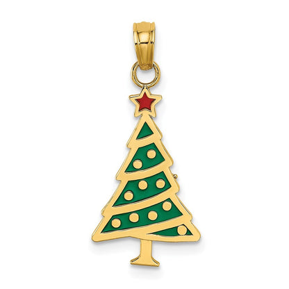 14k Yellow Gold Enamel Green Christmas Tree  Red Star Charm Pendant for Women