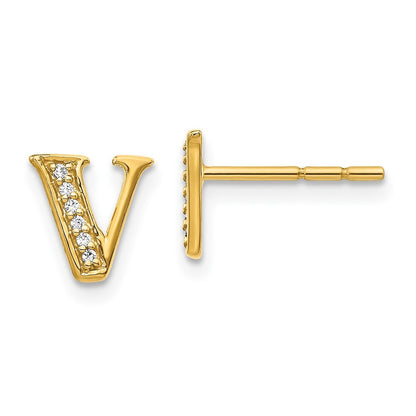 14k Yellow Gold Diamond Initial V Stud Earrings Gift for Women
