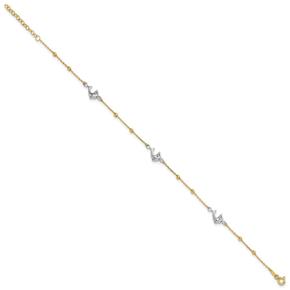 14K Two-tone Beads and Three Dolphins 10" Anklet