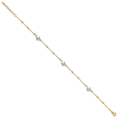 14K Two-tone Beads and Three Dolphins 10" Anklet