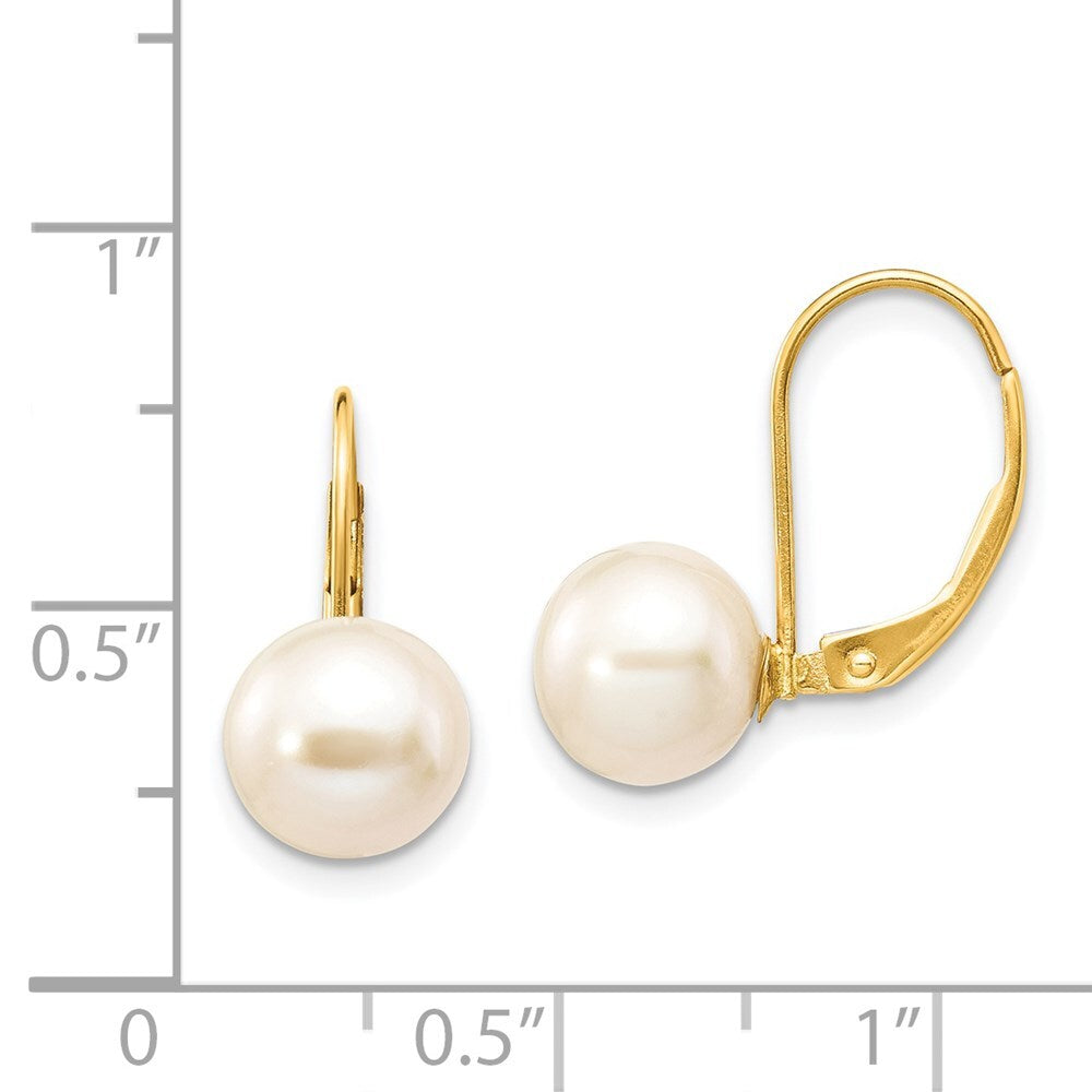 14k Yellow Gold 8-9mm White Round Freshwater Cultured Pearl Leverback Earrings