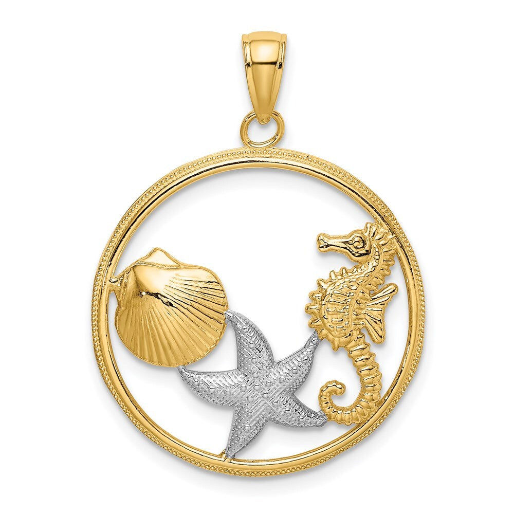 14k Yellow Gold with White Rhodium Scallop, Starfish, Seahorse Circle Charm