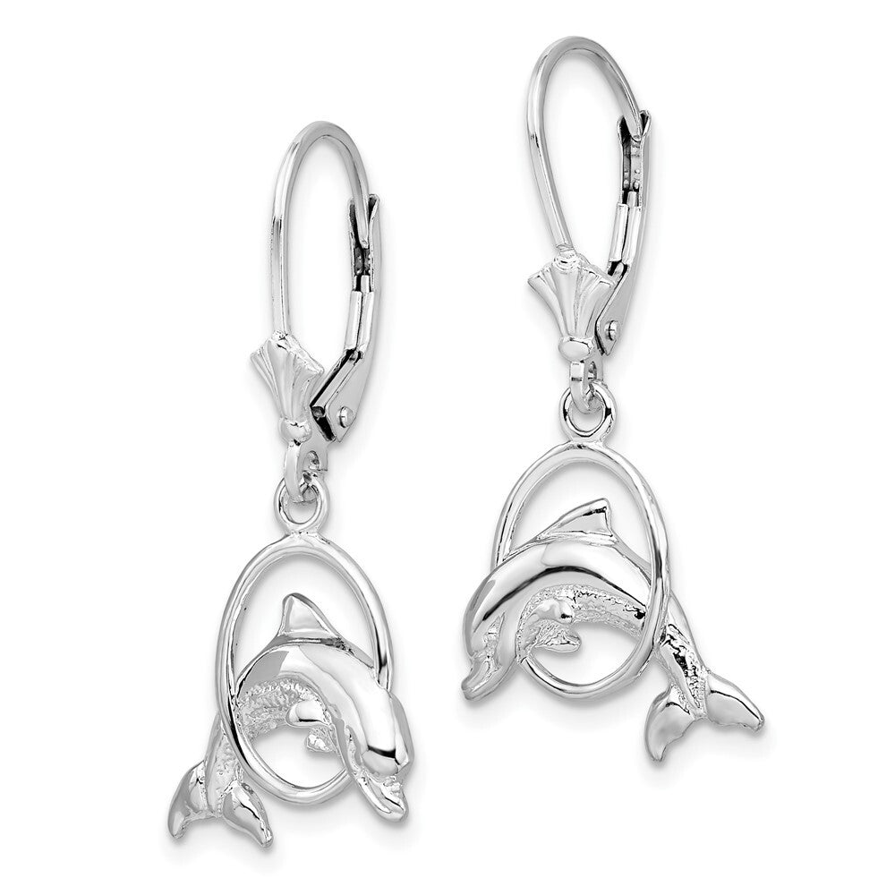 Sterling Silver Rhodium-Plated Dolphin in Hoop Leverback Earrings