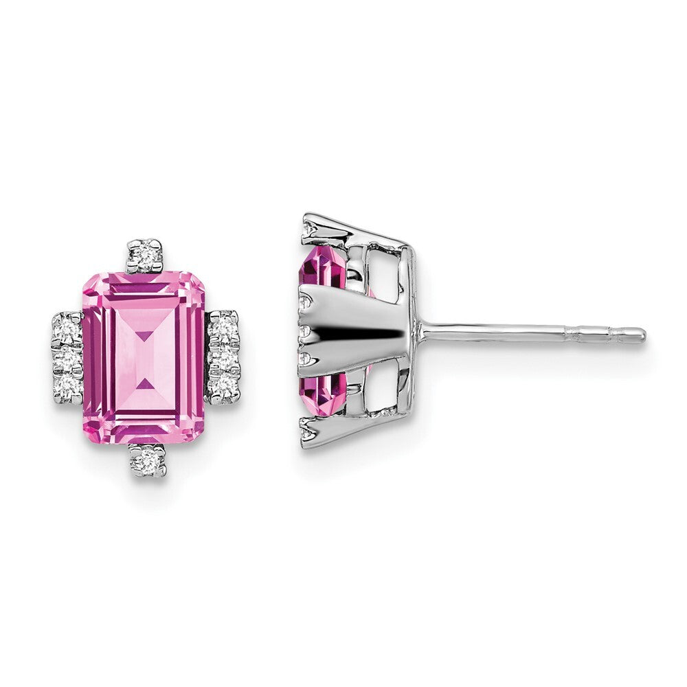 14k White Gold Emerald-shape Creat. Pink Sapphire/Diamond Stud Earrings