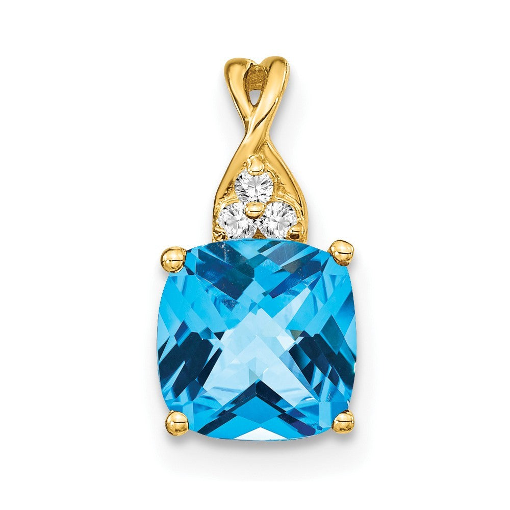 14k Yellow Gold Checkerboard Blue Topaz and Diamond Pendant