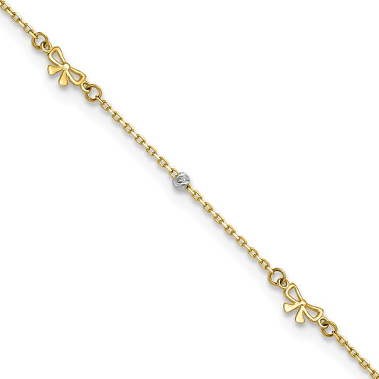14k Two-tone Polished Diamond-cut Beads and Bows 10" Anklet