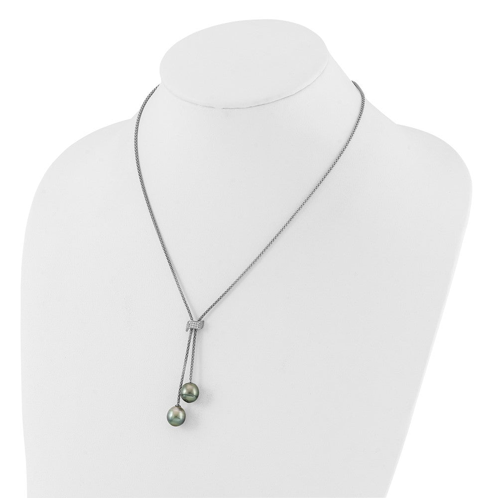 Sterling Silver Black Teardrop Tahitian Cultured Pearl & CZ Dangle Necklace 18"
