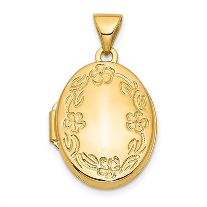 14k Yellow Gold Floral 17mm Oval Locket Pendant for Women