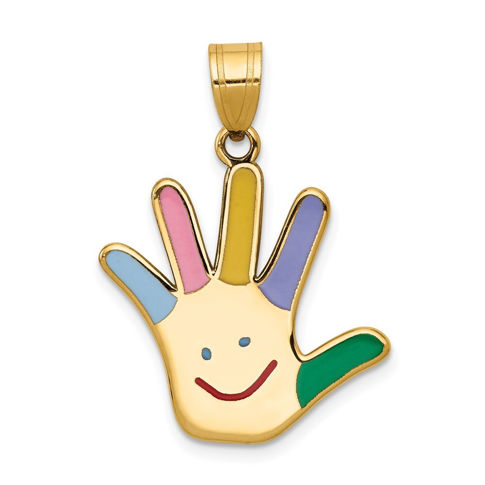 14k Yellow Gold Enameled Autism Happy Face Handprint Pendant