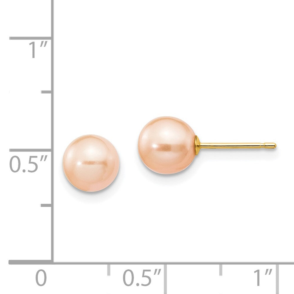 14k Yellow Gold 6-7mm Pink Round Freshwater Cultured Pearl Stud Earrings