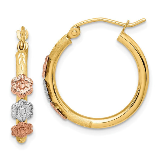 14k Tri-color Polished & Satin Tri-color Flower Hoop Earrings