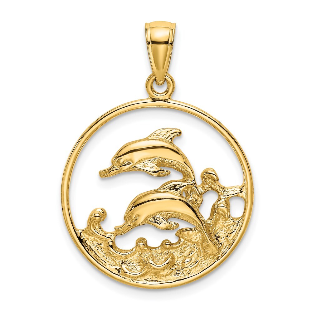 14k Yellow Gold Double Dolphins In Circle Charm Pendant for Women