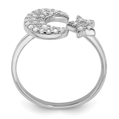 Sterling Silver Rhodium-plated Cubic Zirconia Star & Moon Ring Size 7