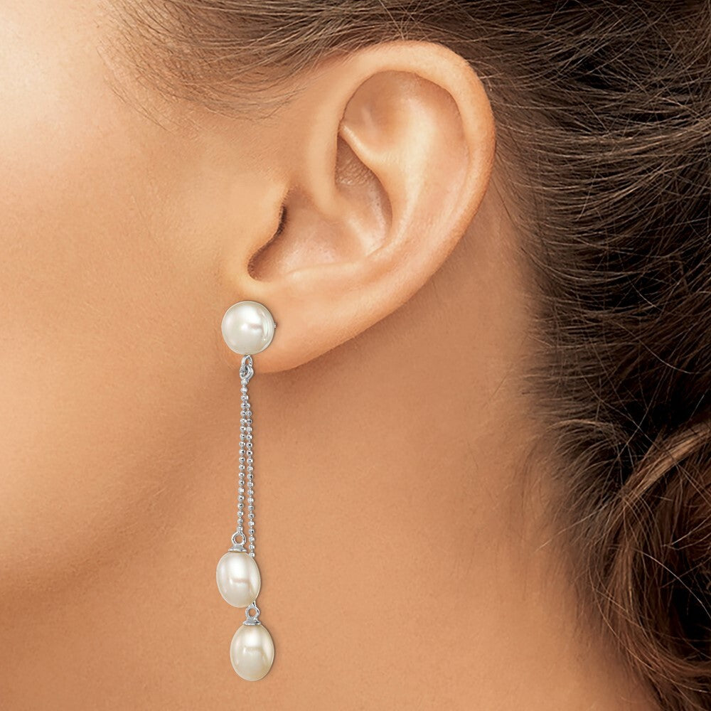 Sterling Silver 6-9mm Rice and Button Cultured 3-Pearl Post Dangle Earrings