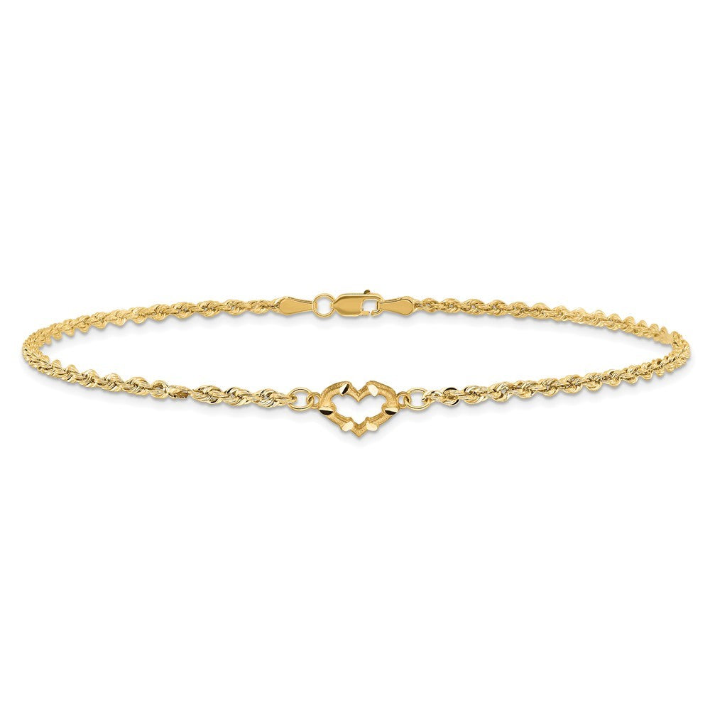 14k Yellow Gold Diamond-cut Open Heart and Rope Chain 9 inch Anklet
