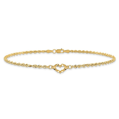 14k Yellow Gold Diamond-cut Open Heart and Rope Chain 9 inch Anklet